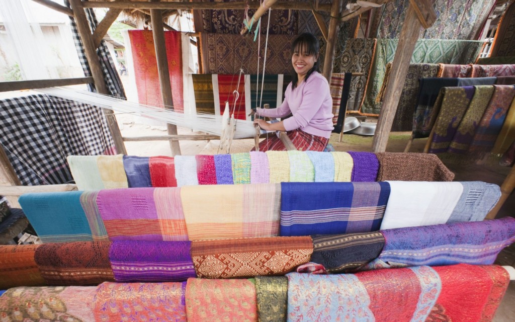 Woman weaving silk scarves, Ban Xang Hai Village, Luang Prabang, Laos