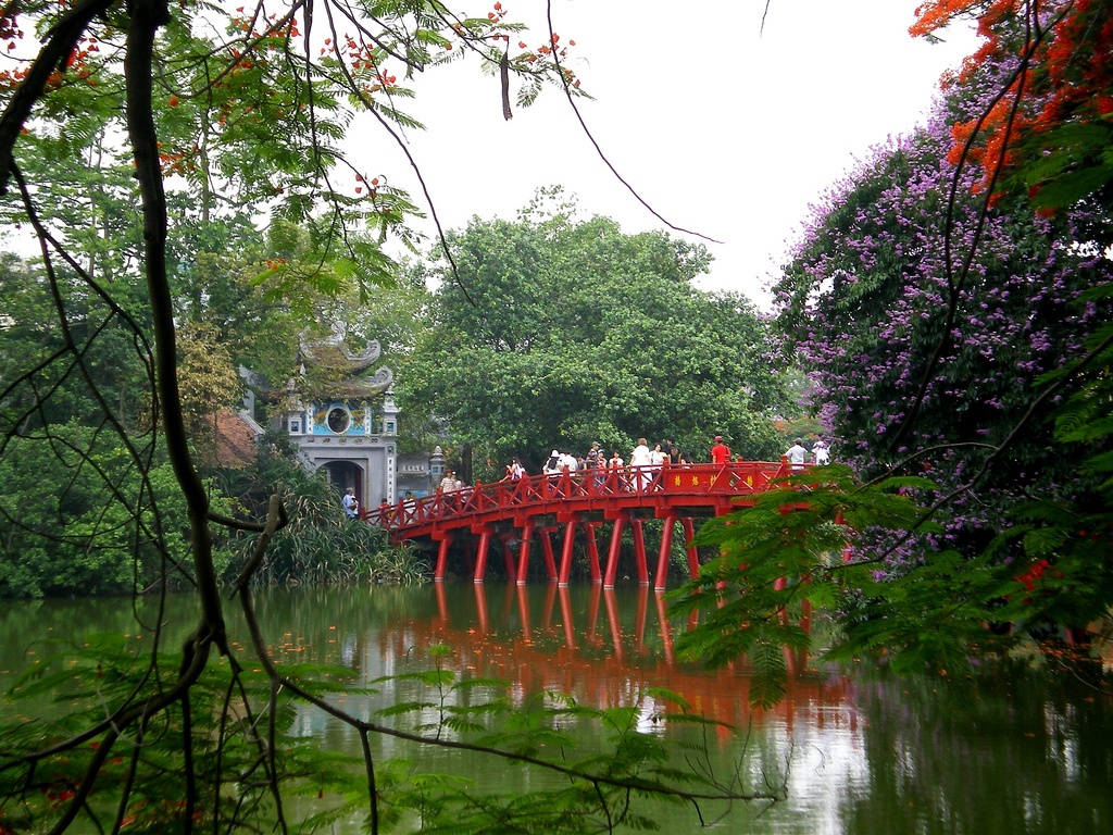 The Huc bridge on Hoan Kiem lake, Hanoi, Vietnam