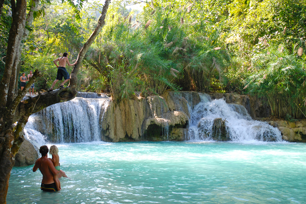 Crystal clear water of Kuang Si Waterfall