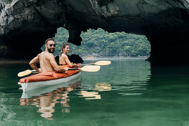 kayaking in halong bay during honeymoon holiday