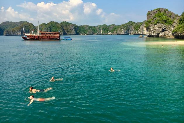 swimming at halong bay