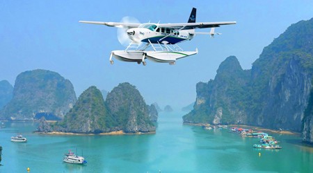 A Hai Au seaplane takes a tour around majestic Ha Long Bay