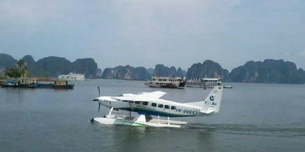 Seaplane landing in the water, Halong Bay