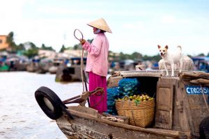 All the activities of local people on boat in Cai Be Floating Market