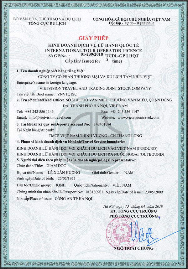 Vietnam International Tour Operator License Front Page