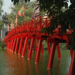the huc bridge to ngoc son temple at hoan kiem lake