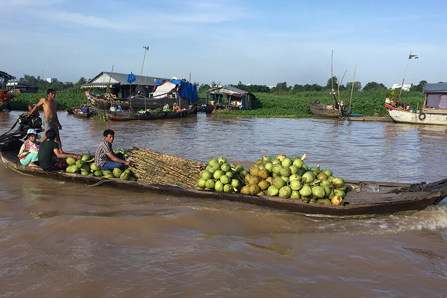 Boat With Coconuts And Bonsais In Cai Be Floating Market