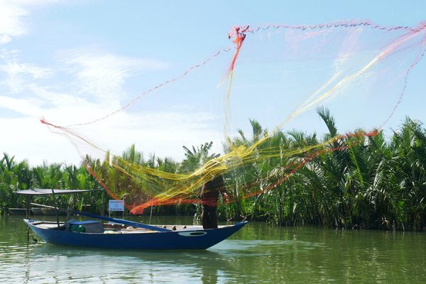 See The Local Cast Fishing Net On Boat, Hoi An